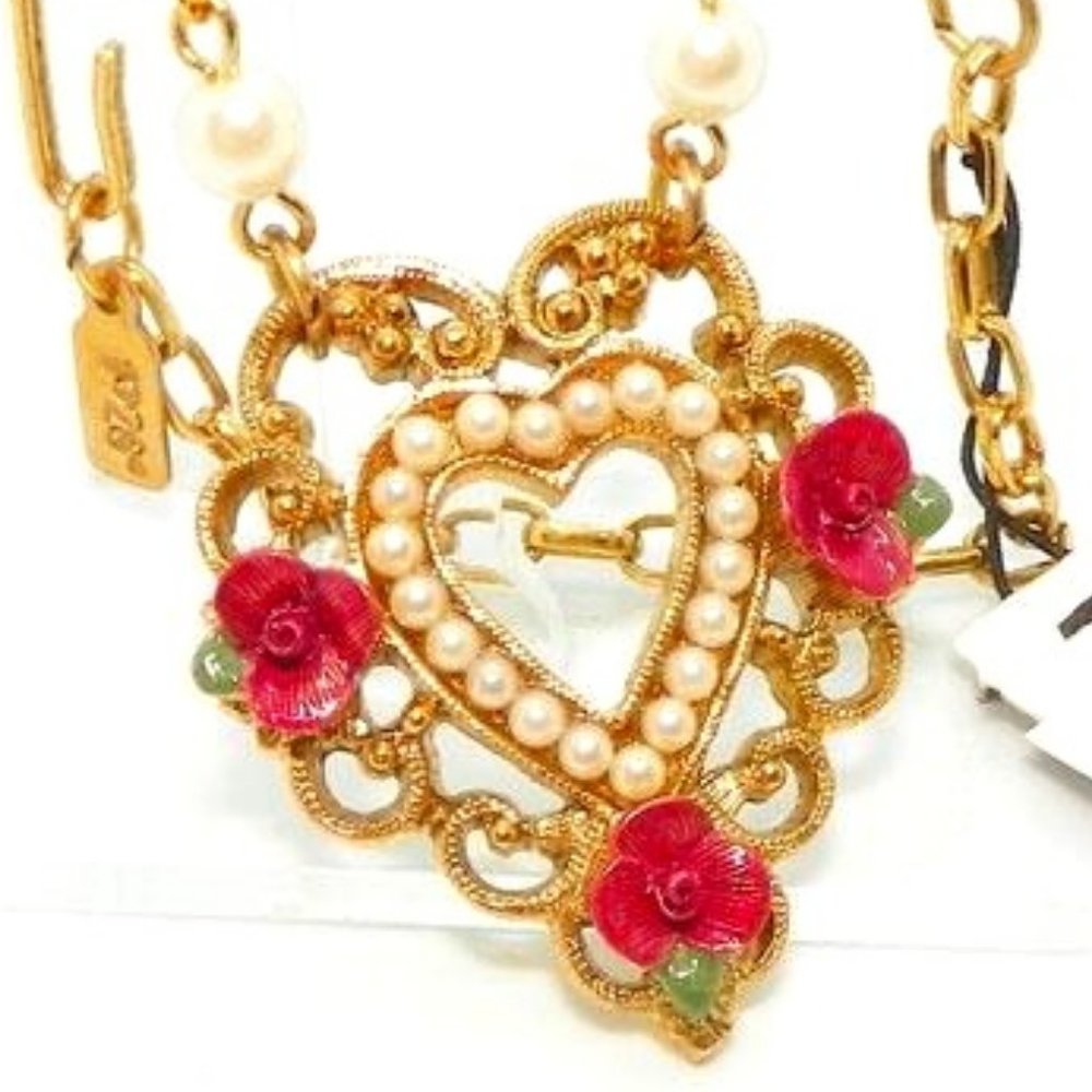 1928 Enamel Flower Faux Pearl Open Heart Necklace - Picture 3 of 3